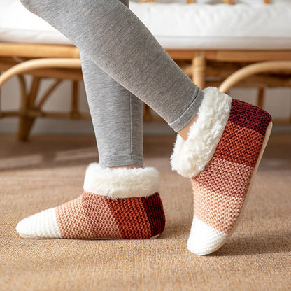 Color Block Striped Fleece Cuff Slipper Socks - Red - EU36-42(US3-8.5) - image 0