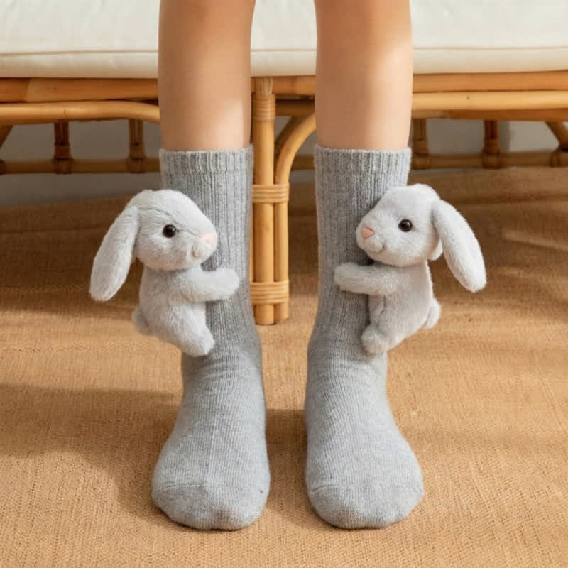 3D Hugging Grey Bunny Animal Slipper Socks - Grey - EU43-45(US9-11) - image 1