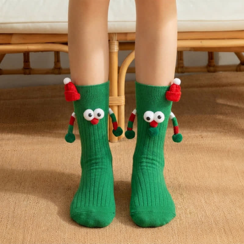 Christmas Cartoon Hat Accent Magnet Hand Crew Socks (2 pairs) - Green - Kids EU20-31(US5-13) - image 1