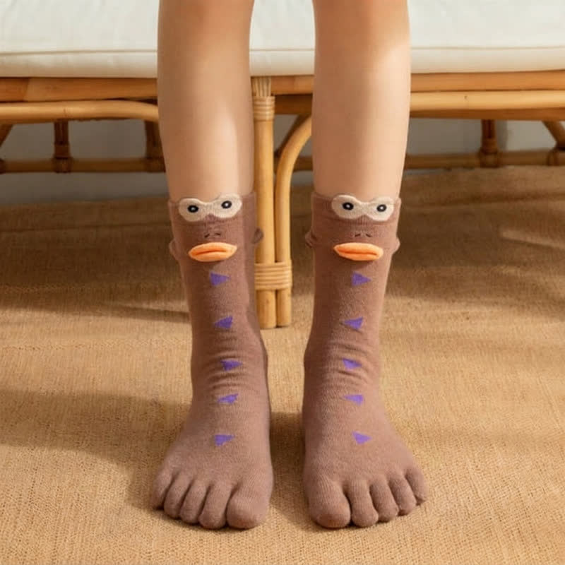Cute Cartoon Bird Five-Toe Alignment Socks (4 pairs) - Coffee - EU36-42(US3-8.5) - image 2