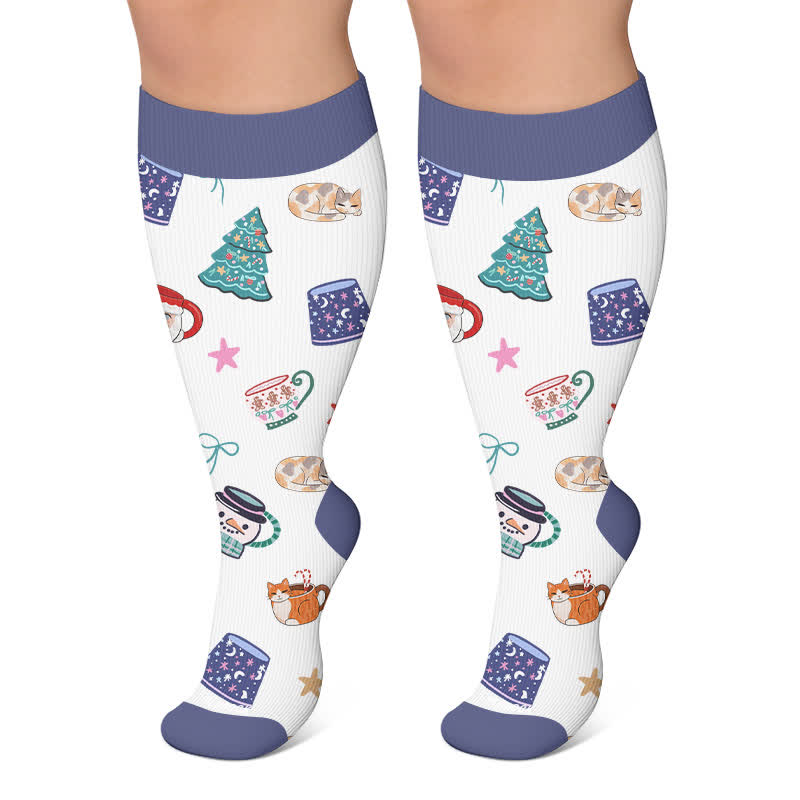 Christmas Sleepy Cat Cocoa Mug Compression Socks - White - 4XL - image 5