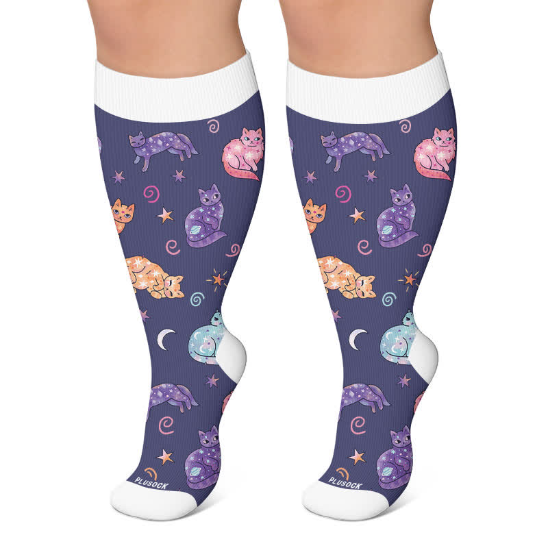 Christmas Sleepy Cat Cocoa Mug Compression Socks - Navy Blue - 4XL - image 6