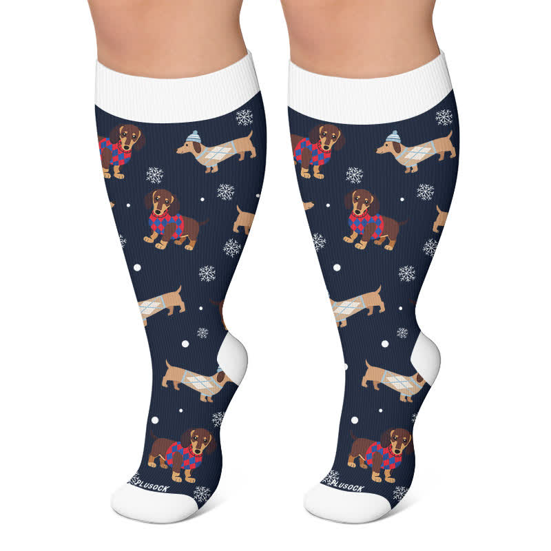 Plus Size Christmas Reindeer Dachshund Dog Compression Socks - Dark Blue - 4XL - image 4