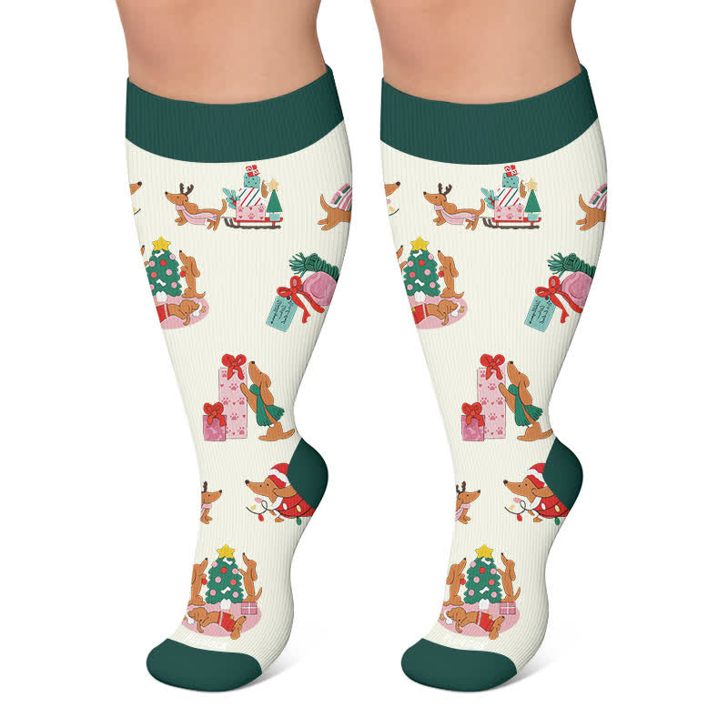 Plus Size Christmas Reindeer Dachshund Dog Compression Socks - Dark Green - 4XL - image 6