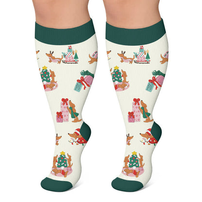 Plus Size Christmas Reindeer Dachshund Dog Compression Socks - Dark Green - 4XL - image 6