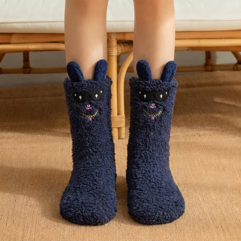 Blue Sunglasses Bunny Plush Slipper Socks - Navy Blue - EU36-42(US3-8.5) - image 3