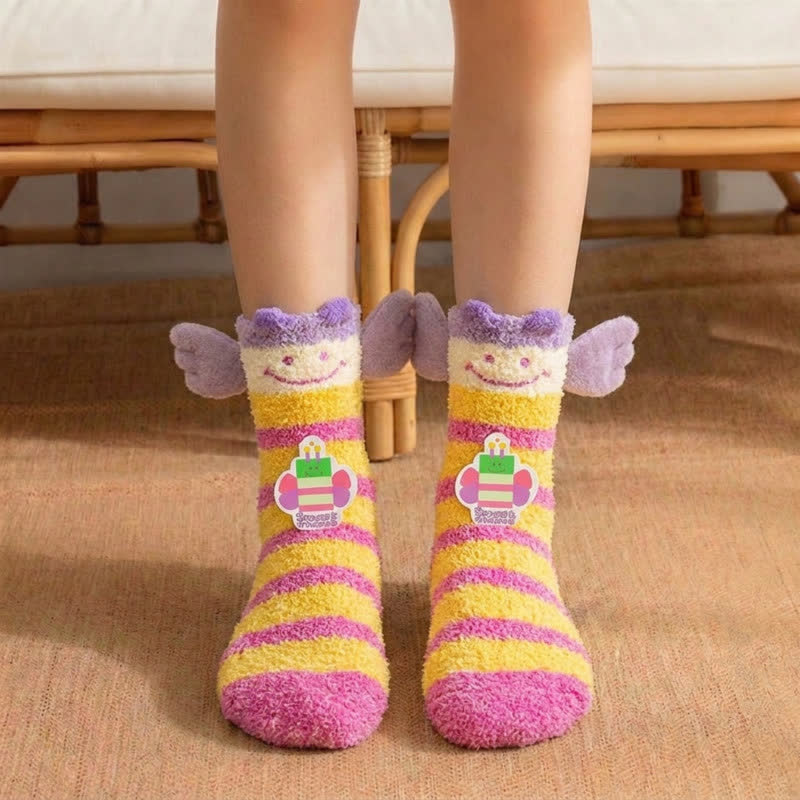Striped Angel Wings Plush Slipper Socks - Yellow - EU36-42(US3-8.5) - image 0