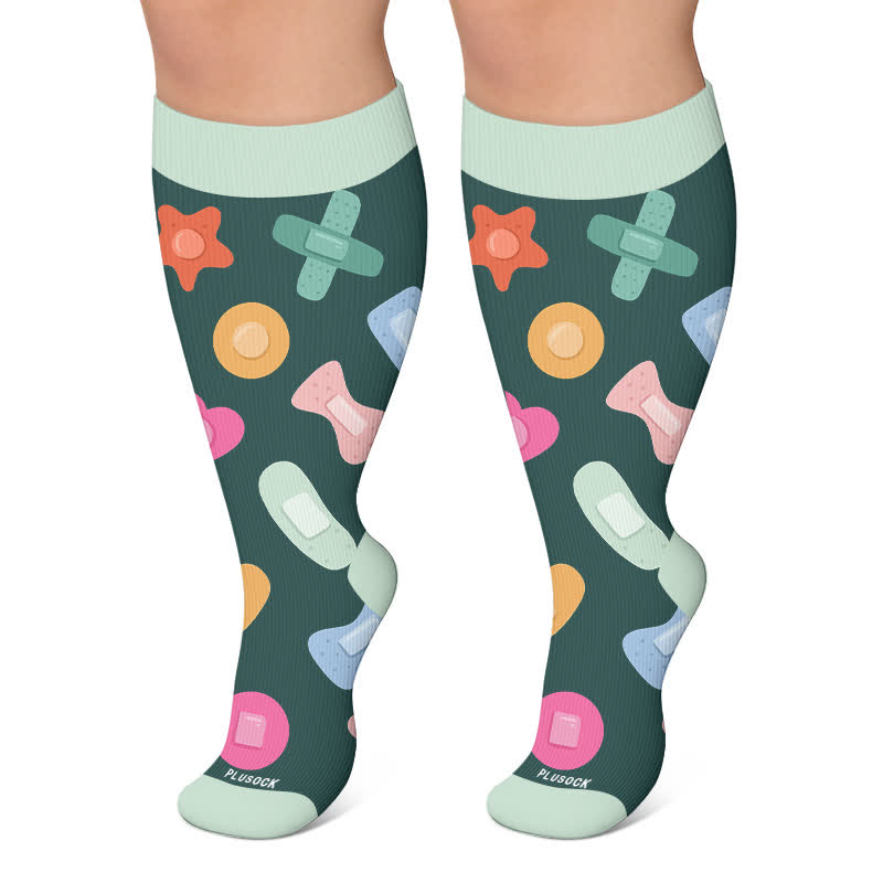 Plus Size Nurse Coffee Print Compression Socks - Green - 4XL - image 6