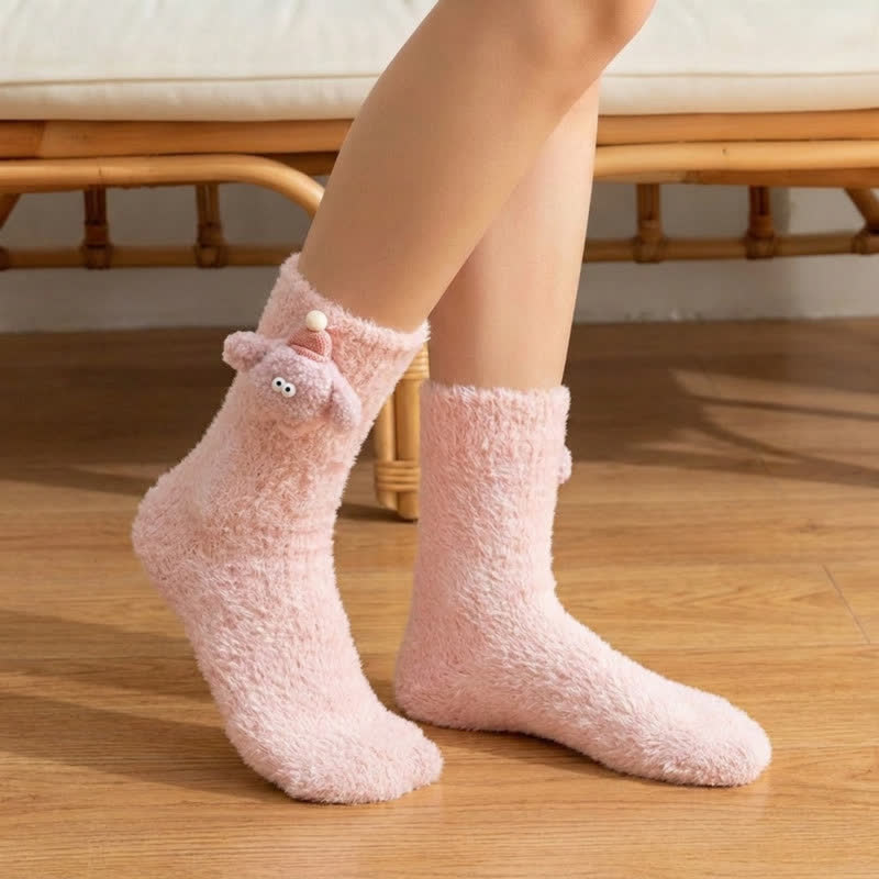 Fluffy Animal Accent Sherpa Lined Crew Socks (2 Pairs) - Pink - EU36-42(US3-8.5) - image 0