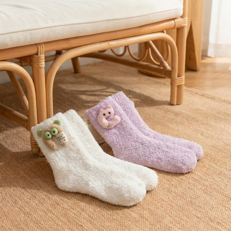 Fluffy Animal Accent Sherpa Lined Crew Socks (2 Pairs) - White+Purple - EU36-42(US3-8.5) - image 11