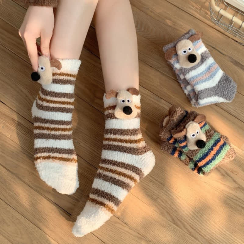 Striped Puppy Ears Fluffy Crew Socks (4 Pairs) - image 2