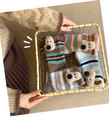 Striped Puppy Ears Fluffy Crew Socks (4 Pairs) - Pink+Blue+Grey+White - EU36-42(US3-8.5) - image 1