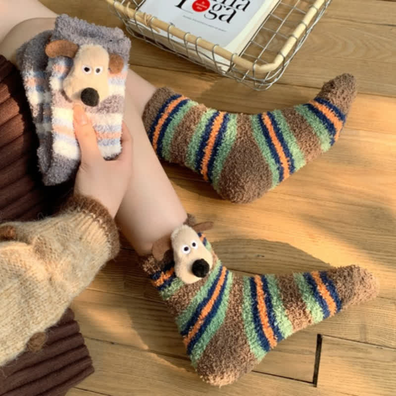 Striped Puppy Ears Fluffy Crew Socks (4 Pairs) - image 0