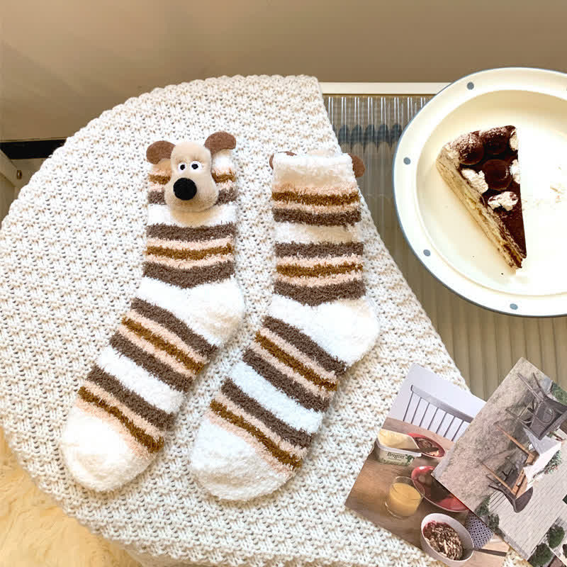Striped Puppy Ears Fluffy Crew Socks (4 Pairs) - White - EU36-42(US3-8.5) - image 4