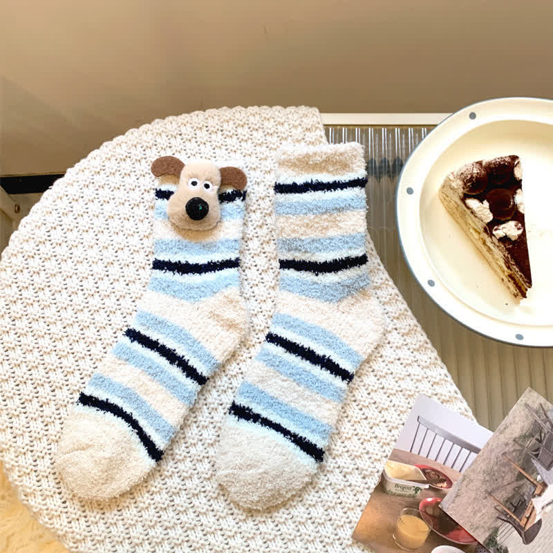 Striped Puppy Ears Fluffy Crew Socks (4 Pairs) - Blue - EU36-42(US3-8.5) - image 3