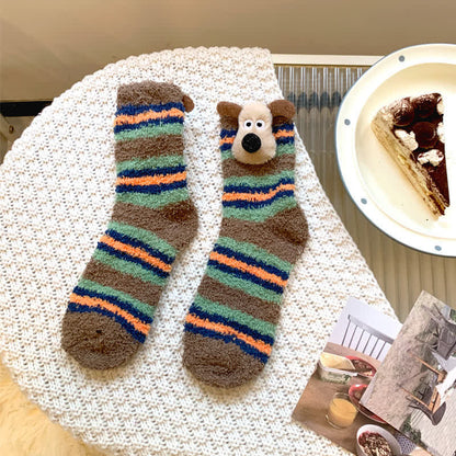 Striped Puppy Ears Fluffy Crew Socks (4 Pairs) - Coffee - EU36-42(US3-8.5) - image 6