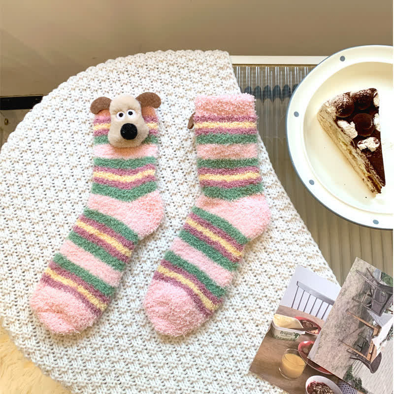 Striped Puppy Ears Fluffy Crew Socks (4 Pairs) - Pink - EU36-42(US3-8.5) - image 5