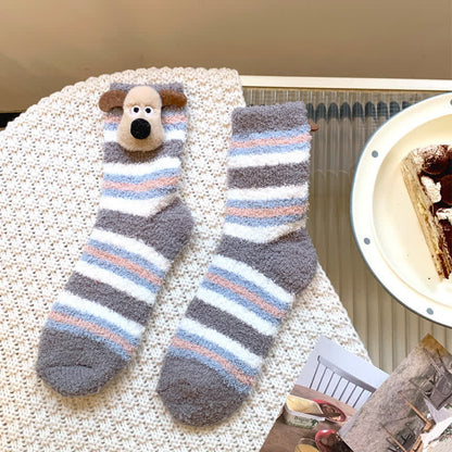 Striped Puppy Ears Fluffy Crew Socks (4 Pairs) - Grey - EU36-42(US3-8.5) - image 7