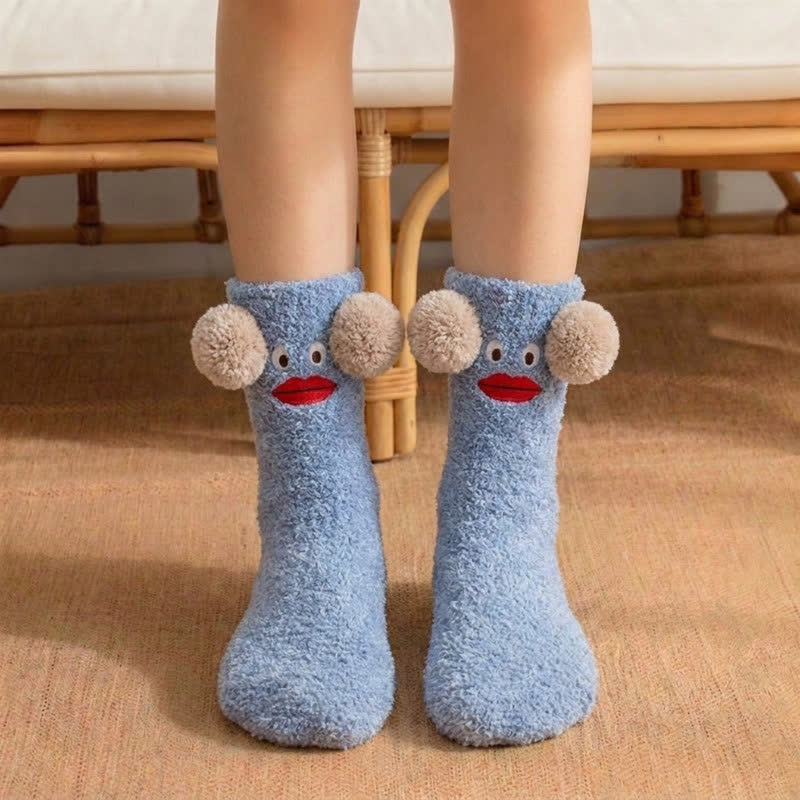 Fuzzy Pom-Pom Character Plush Slipper Socks - Blue - EU36-42(US3-8.5) - image 5