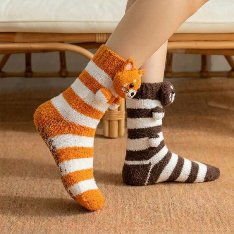 Cute Red Panda Striped Plush Slipper Socks - image 1
