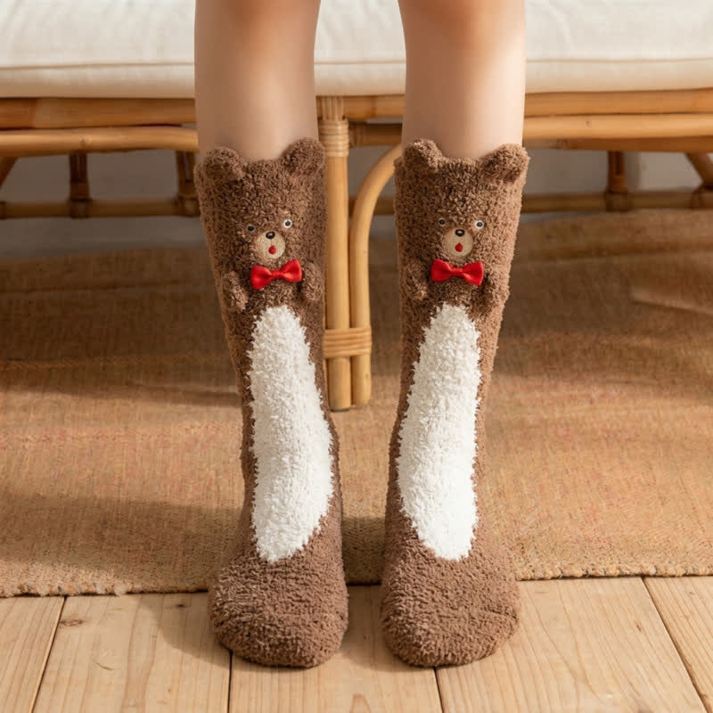 Cute Bear Bow Accent Plush Slipper Socks - Coffee - EU36-42(US3-8.5) - image 4