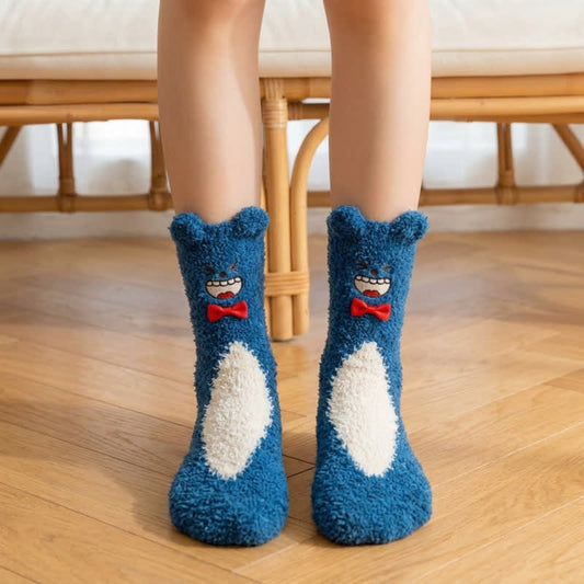 Cute Bear Bow Accent Plush Slipper Socks - Navy Blue - EU36-42(US3-8.5) - image 0