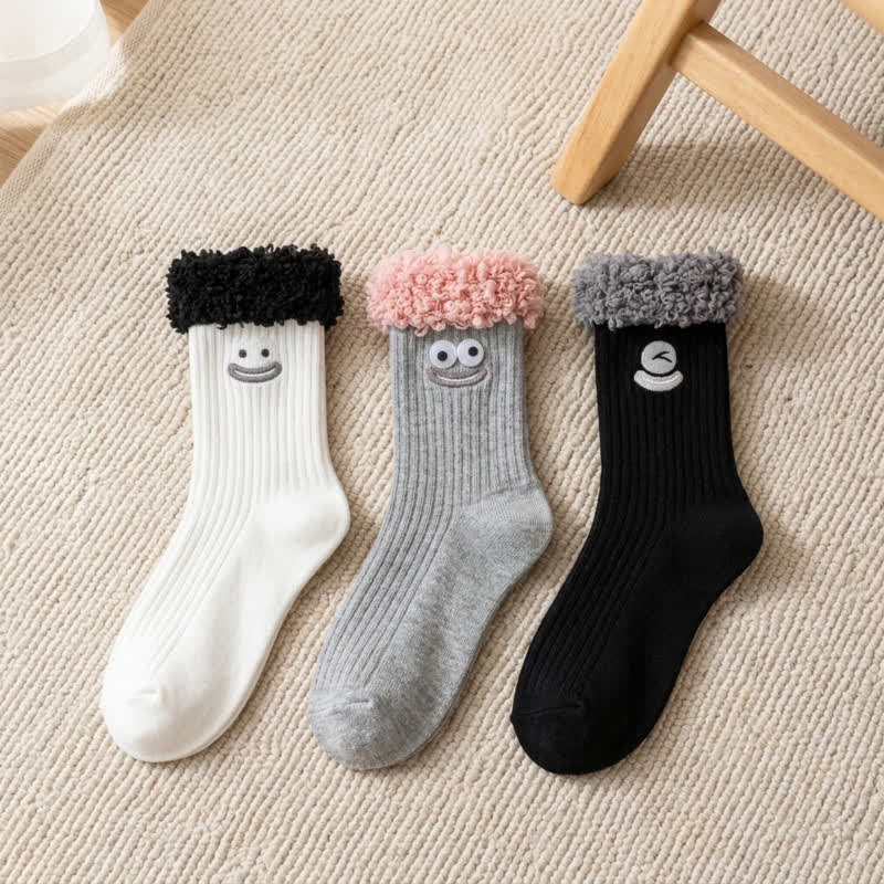 Cute Smiling Face Quarter Sock (3 Pairs) - Grey+Black+White - EU36-42(US3-8.5) - image 2