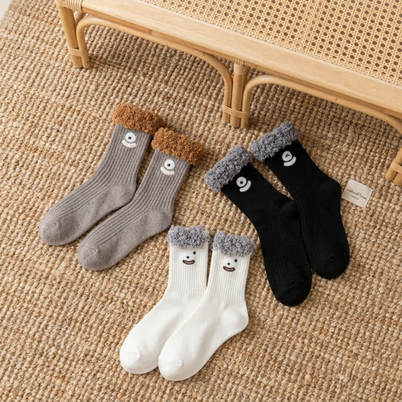 Cute Smiling Face Quarter Sock (3 Pairs) - Brown+Beige+Black - EU36-42(US3-8.5) - image 1