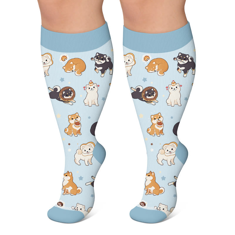 Plus Size Kitty Puppy Bow Compression Socks - Blue - 4XL - image 6