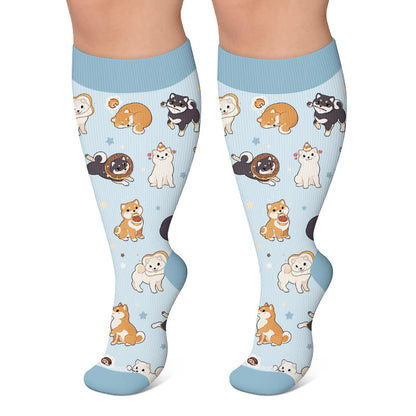 Plus Size Kitty Puppy Bow Compression Socks - Blue - 4XL - image 6