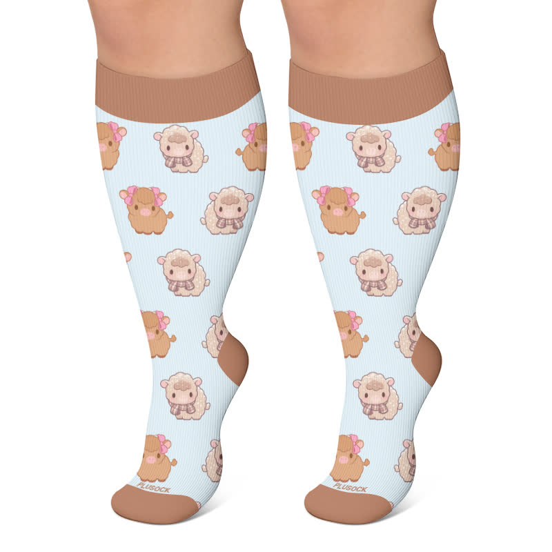 Plus Size Cute Cow Sheep Compression Socks - Blue - 4XL - image 6