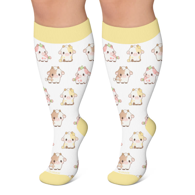 Plus Size Cute Cow Sheep Compression Socks - White - 4XL - image 4