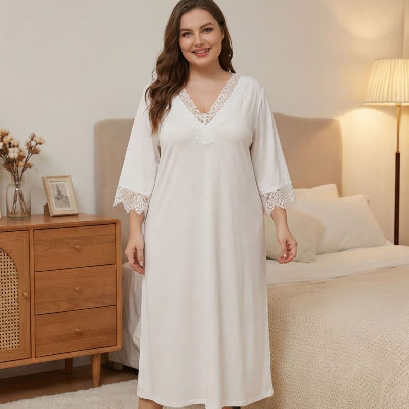 Lace Trim Nightgown Loungewear - White - 5XL - image 1