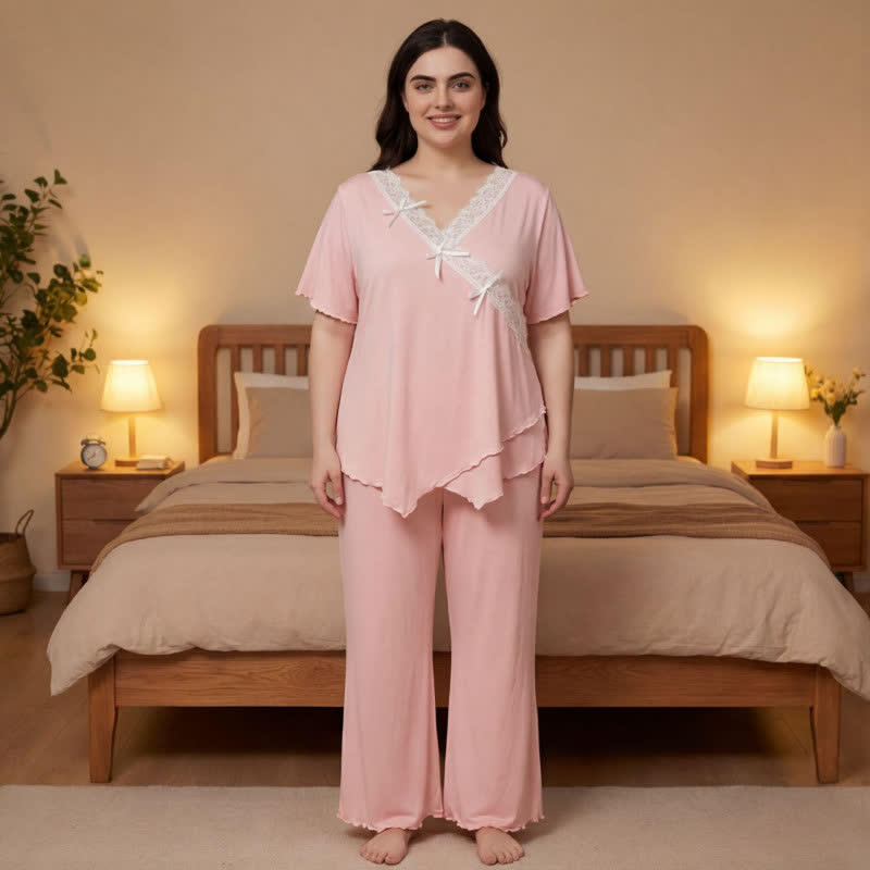 Plus Size Soft Pink Lace Trim Pajama Set - Pink - 4XL - image 0