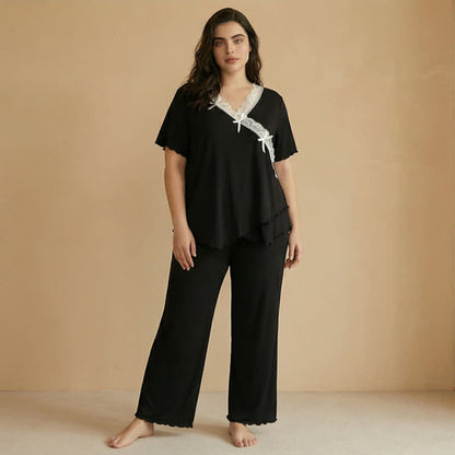 Plus Size Soft Pink Lace Trim Pajama Set - image 3