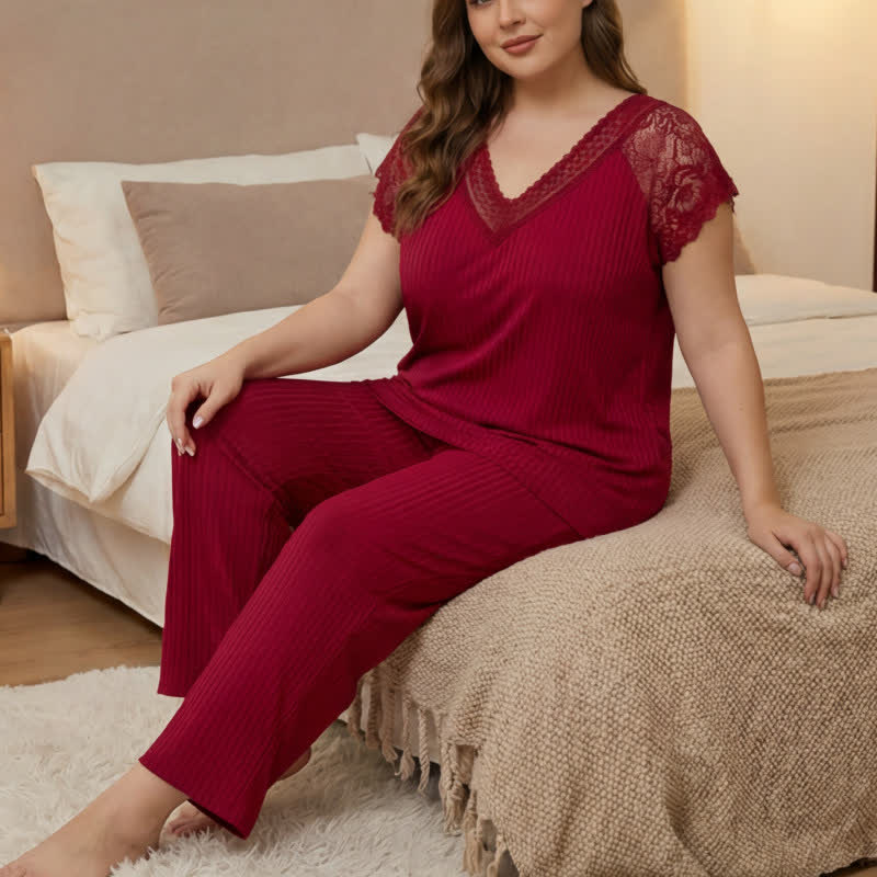 Ribbed Lace Trim V Neck Pajama Set - Red - 4XL - image 6