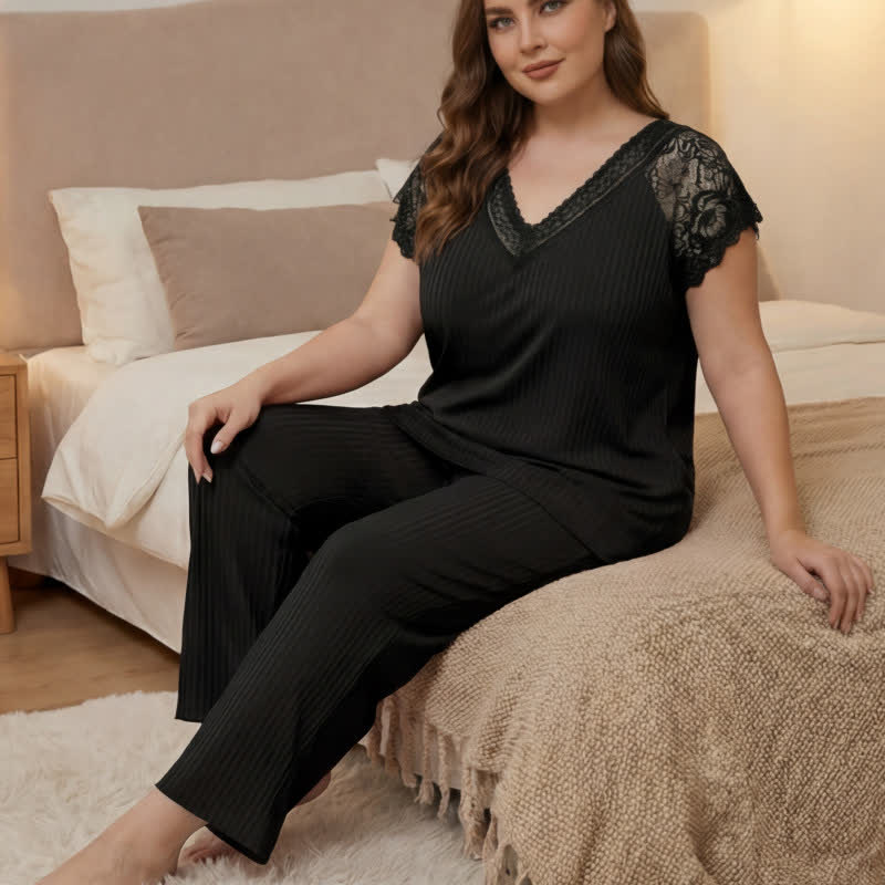 Ribbed Lace Trim V Neck Pajama Set - image 3