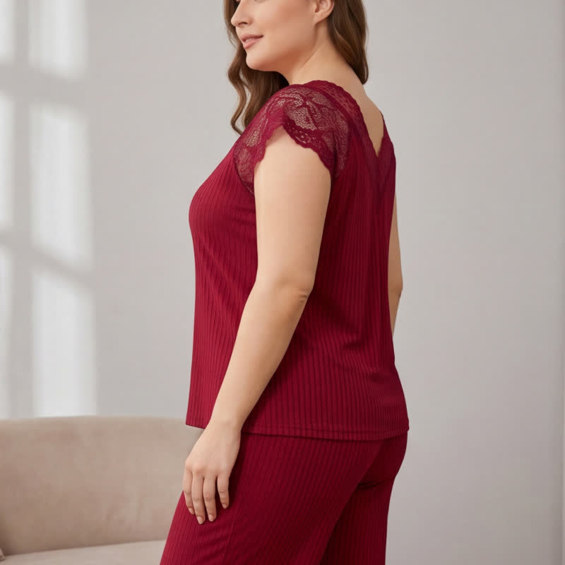 Ribbed Lace Trim V Neck Pajama Set - image 7