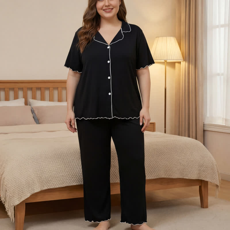 Plus Size Contrast Trim Pajama Set - Black - 4XL - image 2