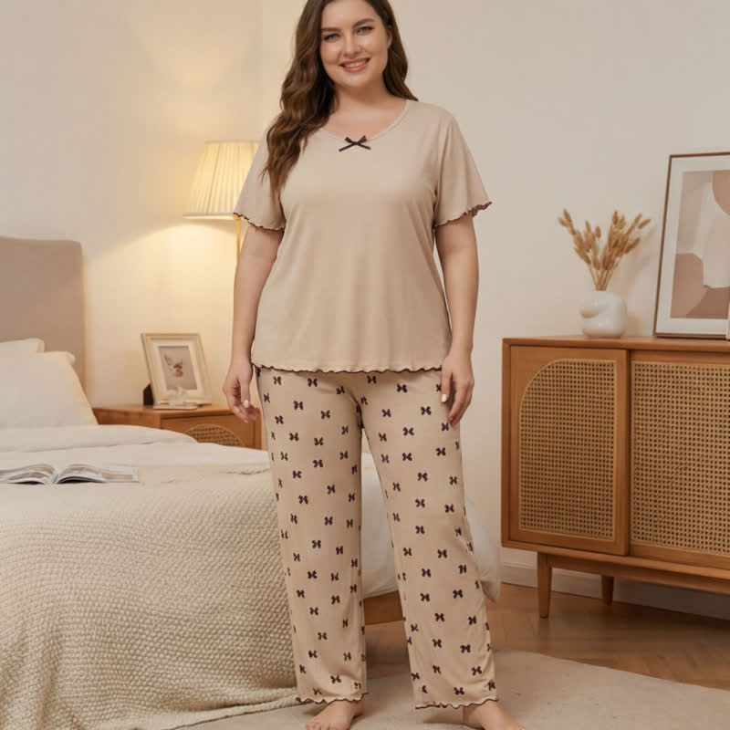 Plus Size Bow Print Pajama Set - Beige - 4XL - image 0