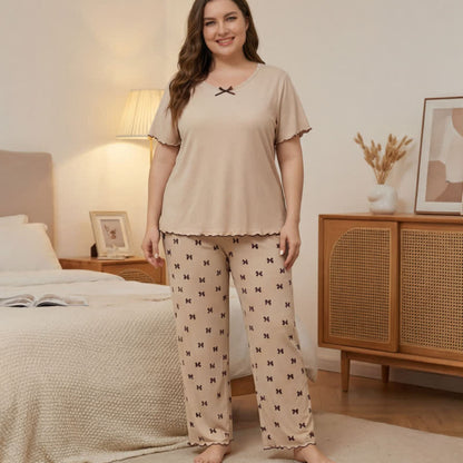 Plus Size Bow Print Pajama Set - Beige - 4XL - image 0