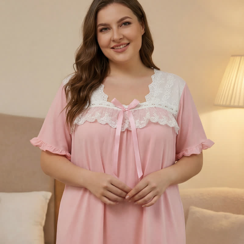 Bow Lace Trim Loungewear - Pink - 4XL - image 0