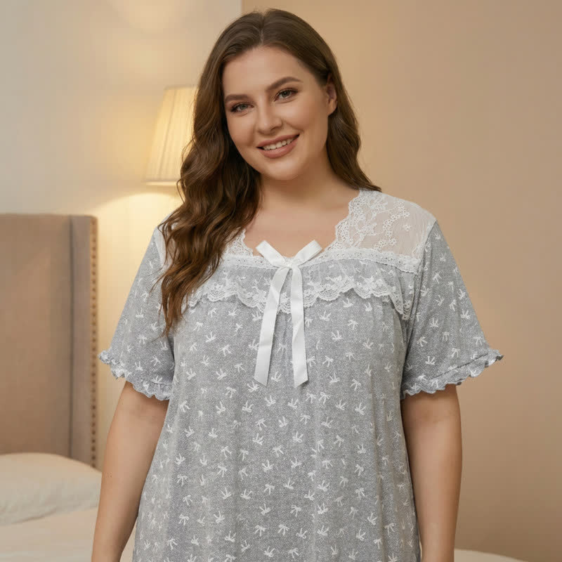 Bow Lace Trim Loungewear - Light Gray - 4XL - image 10
