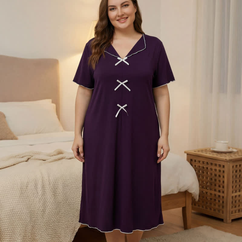 Elegant Bow Trim Loungewear - Purple - 5XL - image 0
