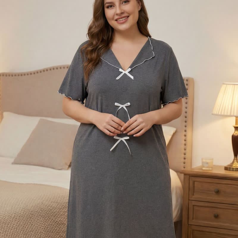Elegant Bow Trim Loungewear - Gray - 5XL - image 6