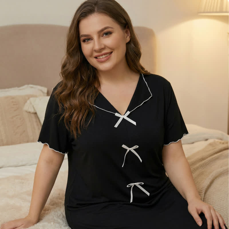 Elegant Bow Trim Loungewear - Black - 5XL - image 4