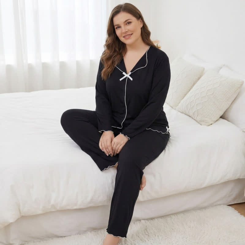 Bow Long Sleeve Pajama Set - Black - 4XL - image 3