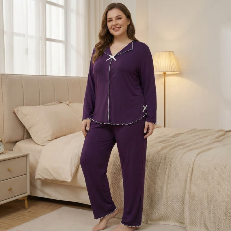 Bow Long Sleeve Pajama Set - Purple - 4XL - image 2