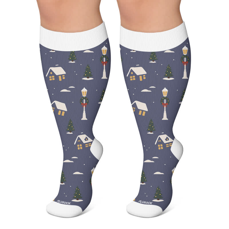 Plus Size Christmas Village Compression Socks - Dark Blue - 4XL - image 5