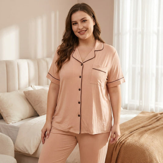 Modal Button Front Pajama Set - Beige - 5XL - image 0